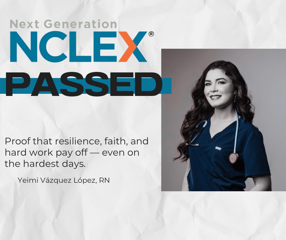 Anuncio de Yeimi Vázquez López celebrando que aprobó el examen NCLEX de enfermería